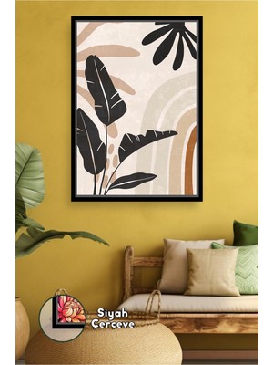 KOSS Dijital Boho Siyah Yapraklar ve Yumuşak Kemer Formlarıyla Bohem Doğal Denge Sunan Çerçeveli Kanvas Tablo