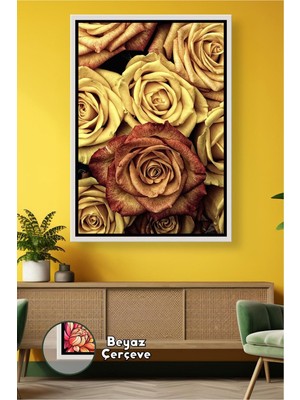 KOSS Dijital Sarı Gül Detaylı Çiçek Tablosu Modern Duvar Dekoru Salon ve Oturma Odası Için Çerçeveli Kanvas Tablo