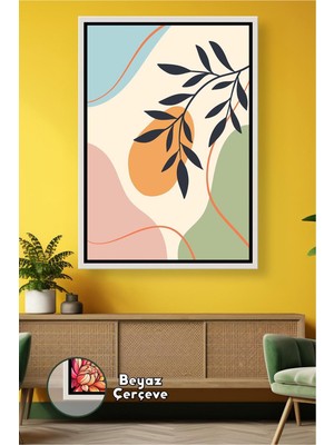 KOSS Dijital Pastel Arkaplanlı Yaprak Desenli Renkli Modern Duvar Dekoru Sade Ev Stili Çerçeveli Kanvas Tablo