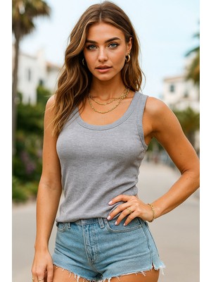 Rich Kadın Gri %100 Pamuk Kaşkorse Sıfır Kol Bisiklet Yaka Atlet