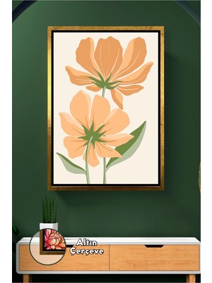 KOSS Dijital Turuncu Çiçek Desenli Bohem Duvar Dekoru Boho Stil Salon Oturma Odası Çerçeveli Kanvas Tablo