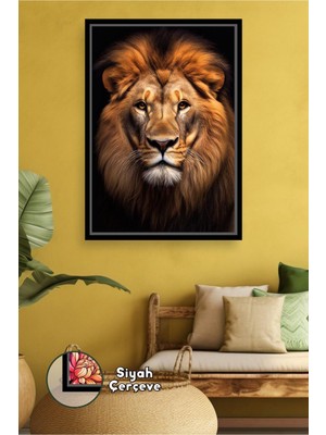 KOSS Dijital Aslan Tablosu Erkek Aslan Yüz Detaylı Hayvan Figürlü Ev Duvar Süsü Modern Çerçeveli Kanvas Tablo