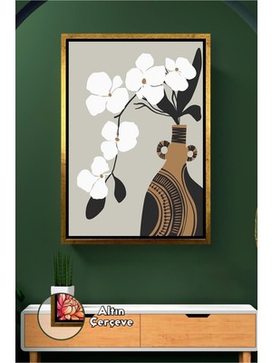 KOSS Dijital Bohem Vazo Beyaz Çiçek Desenli Boho Duvar Dekoru Modern Salon ve Oturma Odası Çerçeveli Kanvas Tablo