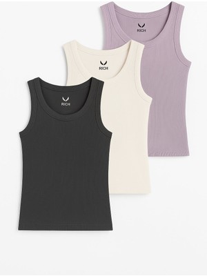 Rich Kadın 3'lü Paket Siyah-Beyaz-Lila  Sıfır Kol Kaşkorse Body-Bisiklet Yaka %100 Pamuk Atlet Bluz