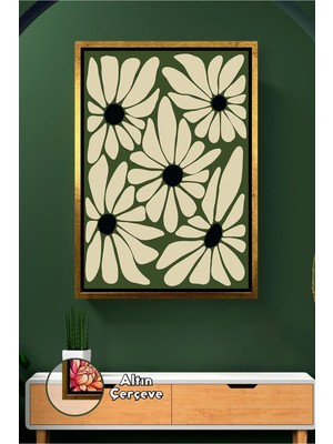 KOSS Dijital Yeşil Zemin Üzerinde Krem Çiçek Desenleri Retro Stil Tekrarlı Doğa Motifi Çerçeveli Kanvas Tablo