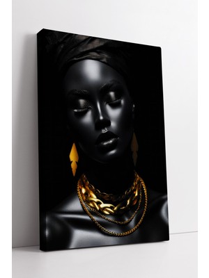 KOSS Dijital Altın Zincirli Siyah Portre Afro Stil Sanatsal Kadın Figür Modern Dekoratif Kanvas Tablo