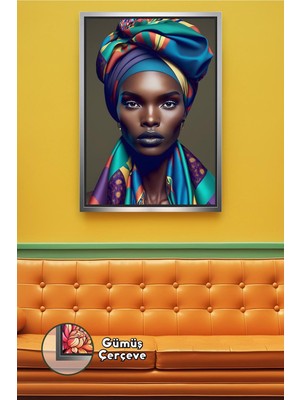 KOSS Dijital Turkuaz Tonlu Başörtülü Afrika Kadın Portresi Renkli Kumaş Detaylı Dekoratif Çerçeveli Kanvas Tablo