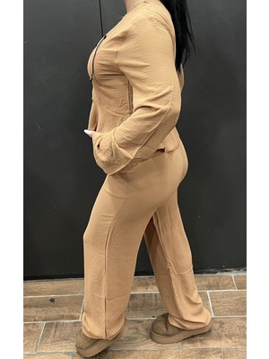 Aslami Tekstil Bej %95 Pamuk Müslin Dokulu Bağcık Detaylı Kadın Ikili Takım - Tesettür Uyumlu Salaş Alt Üst Set