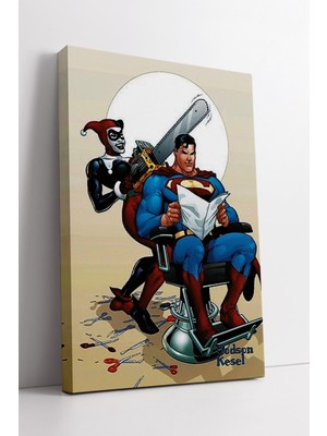 KOSS Dijital Superman ve Harley Quinn Mizahi Çizgi Roman Sahnesi Eğlenceli Renkli Tasarım Kanvas Duvar Tablosu