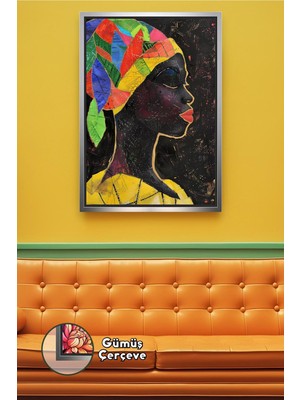 KOSS Dijital Renkli Başörtülü Afrikalı Kadın Profil Duvar Görseli Modern Sanat Dekoratif Çerçeveli Kanvas Tablo