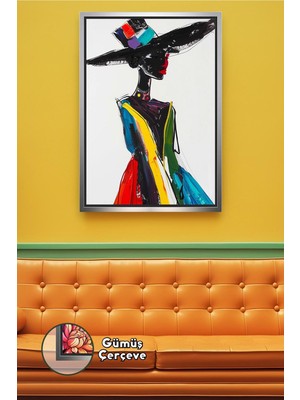 KOSS Dijital Afrikalı Kadın Silüeti Renkli Elbise ve Şapkalı Modern Etnik Sanat Çerçeveli Kanvas Tablo
