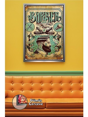 KOSS Dijital Berber ve Kuaförler Için Barber Shop Shave Cut Retro Tasarım Duvar Dekoru Çerçeveli Kanvas Tablo