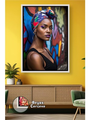 KOSS Dijital Renkli Bandanalı Afrika Kadın Portresi Sokak Sanatı Arka Planlı Modern Dekor Çerçeveli Kanvas Tablo