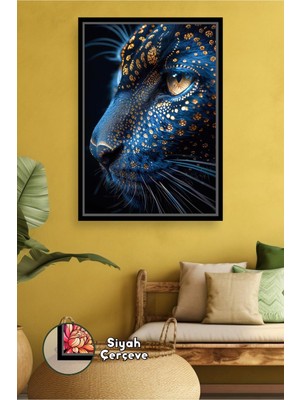 KOSS Dijital Mavi Altın Detaylı Panter Sanatsal Hayvan Portresi Modern Duvar Sanatı Çerçeveli Kanvas Tablo