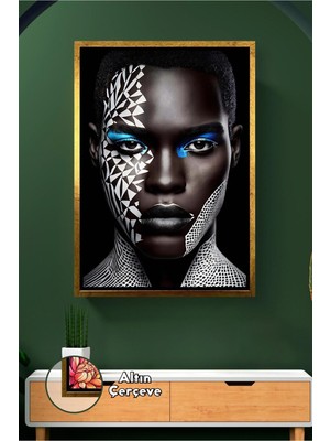 KOSS Dijital Siyah Zeminli Mavi Detaylı Kadın Yüzü Salon ve Ofis Için Modern Duvar Süsü Çerçeveli Kanvas Tablo