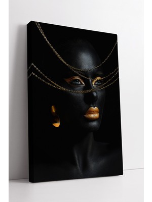 KOSS Dijital Altın Zincirli Siyah Portre Modern Lüks Estetik Yüz Detaylı Sanatsal Minimal Tarz Dekor Kanvas Tablo