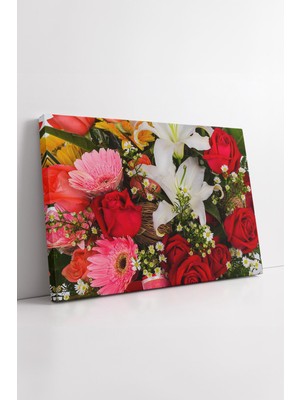 KOSS Dijital Renkli Çiçek Buketi Kompozisyonu ile Enerjik Ortam Yaratan Lale Gül Lilyum Detaylı Kanvas Tablo