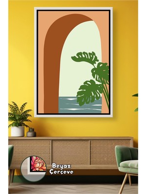 KOSS Dijital Bohem Pencere Formunda Deniz ve Yaprak Detaylı Çerçeveli Kanvas Tablo