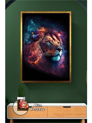 KOSS Dijital Renkli Aslan Figürü Uzay Efektli Hayvan Temalı Salon ve Genç Odası Dekoru Çerçeveli Kanvas Tablo