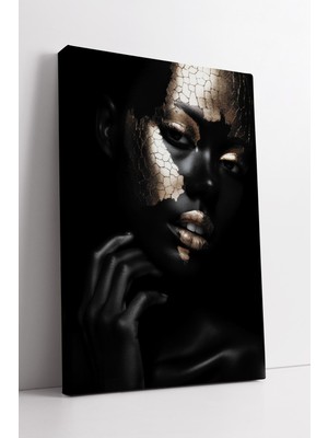 KOSS Dijital Altın Kırık Doku Efektli Siyah Kadın Portre Sanatsal Modern Estetik Lüks Tarz Dekor Kanvas Tablo