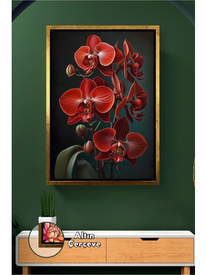 KOSS Dijital Kırmızı Orkide Çiçeği Çarpıcı Modern Duvar Dekoru Sanatsal Çiçek Görseli Çerçeveli Kanvas Tablo