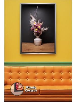 KOSS Dijital Seramik Vazoda Kuru Çiçek Aranjmanı Rustik Ev Dekoru Bohem Salon Stil Çerçeveli Kanvas Tablo