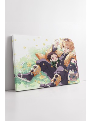 KOSS Dijital Demon Slayer Chibi Karakterler Çiçekli Pastel Renk Anime Tasarım Sevimli Dekoratif Kanvas Tablo
