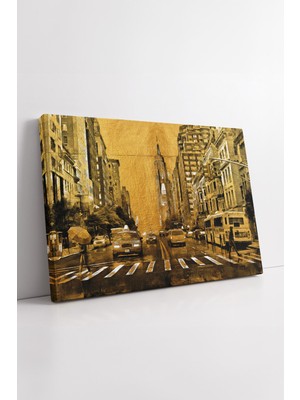 KOSS Dijital New York Şehir Manzarası Altın Ton Yağmurlu Sokak Modern Dekoratif Duvar Sanat Kanvas Tablo