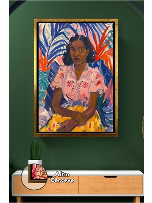 KOSS Dijital Bahçe Içinde Oturan Afrikalı Kadın Figürlü Renkli Duvar Dekoru Yaşam Alanı Çerçeveli Kanvas Tablo