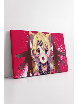 KOSS Dijital Vocaloid Rin Kagamine Kedi Kulaklı Enerjik Pembe Arka Plan Anime Tarzı Dekoratif Kanvas Tablo