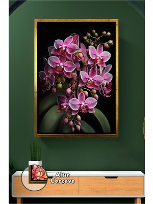 KOSS Dijital Mor Orkide Çiçeği Siyah Zeminli Modern Duvar Tablosu Dekoratif Çiçek Teması Çerçeveli Kanvas Tablo