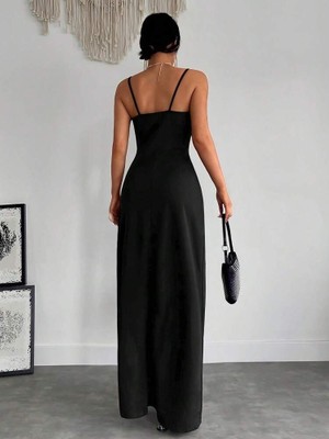 Mericline Kadın Askılı Kruvaze Yakalı Yırtmaçlı Krep Elbise