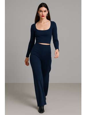 Rich Kadın Lacivert Fitilli Bol Paça Cepli Pantolonlu Ikili Takım