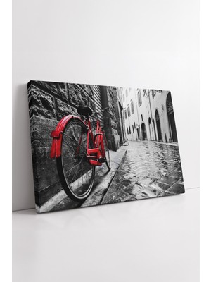 KOSS Dijital Kırmızı Bisikletli Islak Taş Sokak ve Siyah Beyaz Avrupa Şehir Manzarası Temalı Dekor Kanvas Tablo