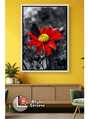 KOSS Dijital Kırmızı Çiçek Siyah Beyaz Çiçekli Duvar Dekoru Modern Çerçeveli Kanvas Tablo
