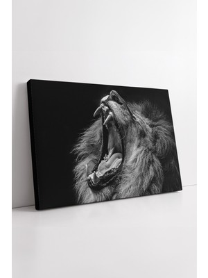 KOSS Dijital Siyah Beyaz Kükreyen Aslan Portresi Güçlü Kontrastlı Sanatsal Modern Stil Dekoratif Kanvas Tablo