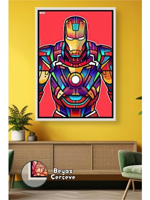 KOSS Dijital Iron Man Marvel Zırh Tasarımlı Duvar Dekoru Kırmızı Arka Planlı Koleksiyonluk Çerçeveli Kanvas Tablo