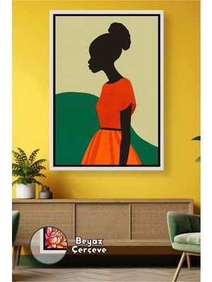 KOSS Dijital Afrika Kültürü Afro Kadın Siluet Etnik Stil Turuncu Elbiseli Duvar Görseli Çerçeveli Kanvas Tablo
