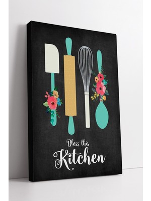 KOSS Dijital Çiçekli Mutfak Gereçleri ve Bless This Kitchen Yazılı Modern Şık Tasarım Kanvas Tablo