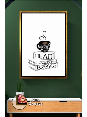 KOSS Dijital Kahve ve Kitap Temalı Minimal Çizim Duvar Dekoru Okuma Köşesi Için Modern Çerçeveli Kanvas Tablo
