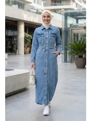 Kadın Düğmeli Bel Detaylı Cepli Mavi Kot Elbise