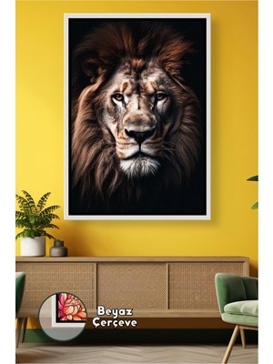 KOSS Dijital Aslan Tablosu Koyu Tonlu Erkek Aslan Portresi Hayvan Temalı Duvar Dekoru Çerçeveli Kanvas Tablo