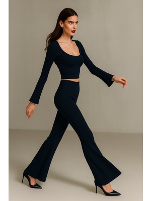 Rich Kadın Lacivert Fitilli Vücudu Saran Ispanyol Ikili Takım