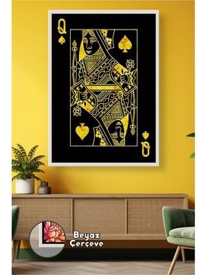 KOSS Dijital Altın Tonlu Siyah Zeminli Iskambil Kupa Kızı Kart Figürü Şık Duvar Dekoru Çerçeveli Kanvas Tablo