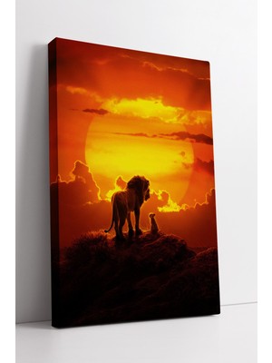 KOSS Dijital Gün Batımı Silüeti Aslan Baba ve Yavru Epik Sahne Çizimi Kanvas Tablo Modern Dekor