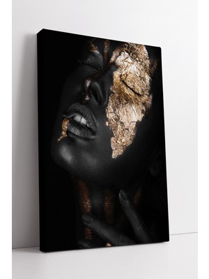 KOSS Dijital Altın Yaprak Efektli Sanatsal Kadın Portresi Modern Estetik Siyah Zemin Lüks Tarz Kanvas Tablo