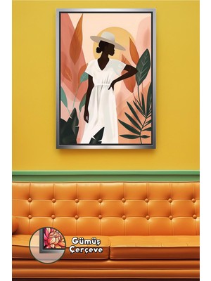 KOSS Dijital Şapkalı Afro Kadın Silüeti Bohem Salon Dekoru Doğa Temalı Modern Stil Çerçeveli Kanvas Tablo