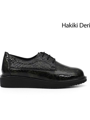 GÖNDERİ Kadın Yeşil Yılan  Bağcıklı Dolgu Taban Hakiki Deri Ayakkabı