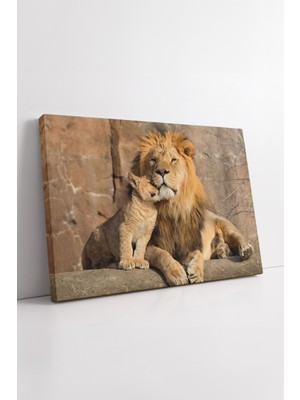 KOSS Dijital Aslan Baba Yavru Sarılma Temalı Doğal Renkli Vahşi Yaşam Dekoratif Kanvas Tablo Duvar Süsü