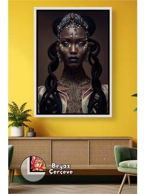 KOSS Dijital Afrikalı Kadın Figürü Altın Aksesuar Detaylı Güçlü Duruş Lüks Ev Dekorasyonu Çerçeveli Kanvas Tablo